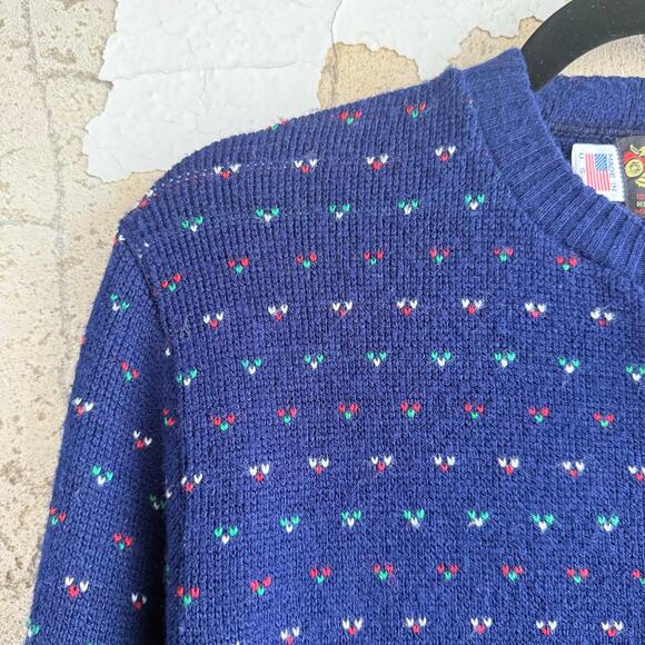 Vtg 80s Cardigan Nordic Fair Isle Sweater Navy Heart Made in USA Classic Women S - Picture 2 of 8